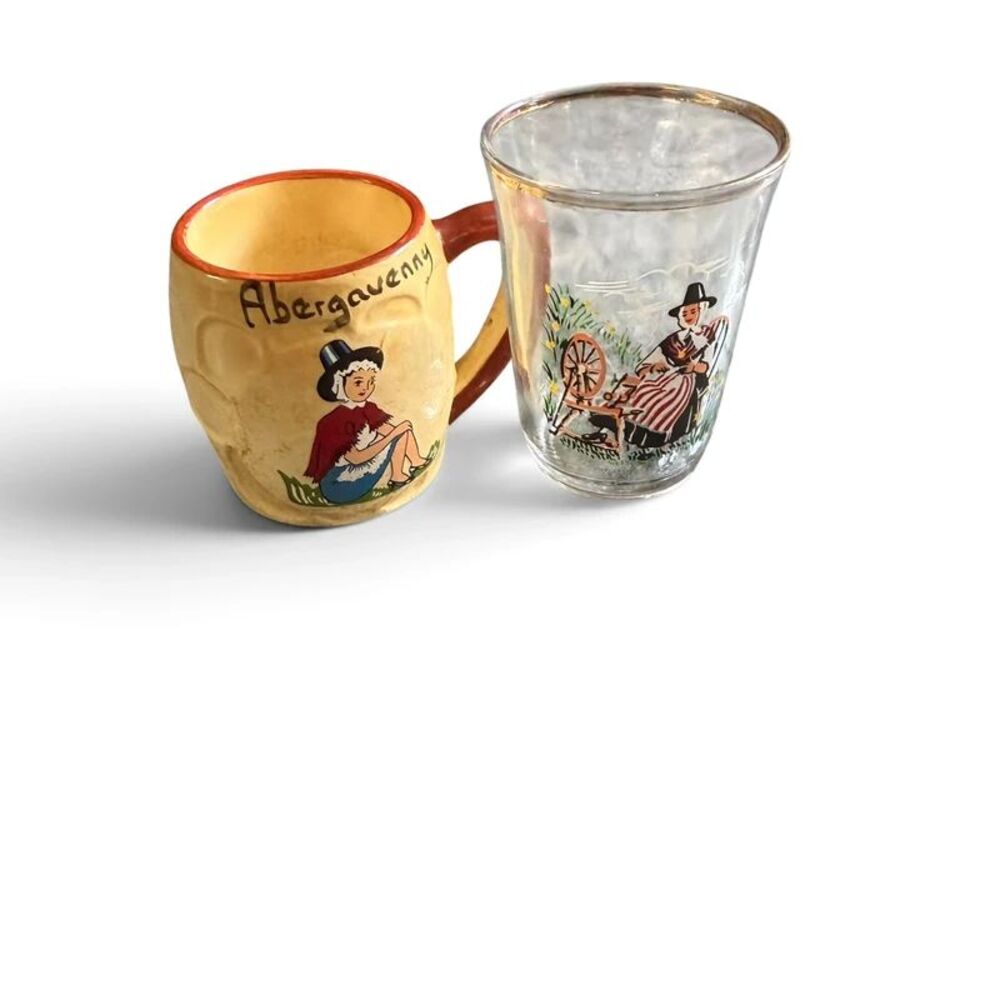 Vintage Welsh Souvenir Shot Glass Set: Abergavenny Manor Ware Mug & Spinning Whe